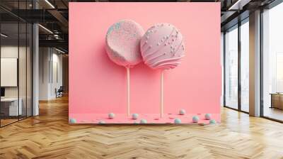 Two pastel pink lollipops on sticks on pastel rose background. Love concept. Minimal summer background. Generative ai.  Wall mural