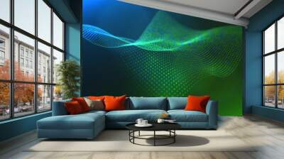 Dynamic green and blue dot landscape. Abstract digital wave background. Network data structure. Point grid visualization. Technology vector illustration. Wall mural