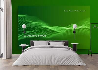 Dynamic green particle wave. Abstract sound visualization. Flow digital structure. Mesh landscape or grid data technology. Wall mural