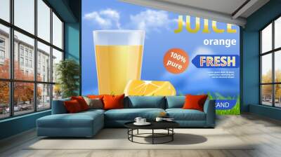 Orange juice advertising design with package and fresh orange. Concept background. Vector illustration. Wall mural