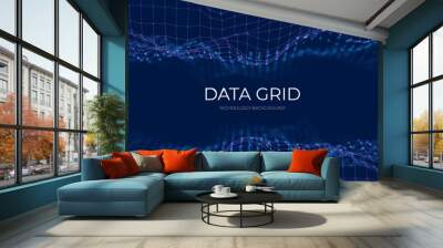 Wave of blue particles. Abstract technology flow background. Sound mesh pattern or grid landscape. Digital data structure consist dot elements. Future vector illustration. Wall mural