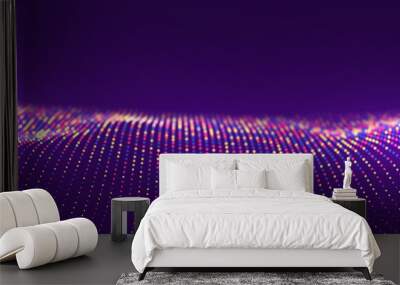 Wave of purple particles. Abstract technology flow background. Sound mesh pattern or grid landscape. Digital data structure consist dot elements. Future vector illustration. Wall mural