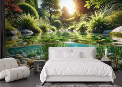 A detailed, close shot of a pristine pond with pebbles visible through the clear water and aquatic plants swaying gently. Wall mural