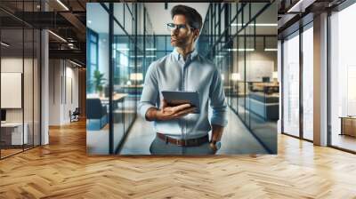 A professional man in smart casual attire standing thoughtfully in a modern office environment. Wall mural