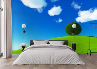 A serene and vibrant scene with a single large tree standing on a lush green hill under a bright blue sky with scattered white clouds. Wall mural