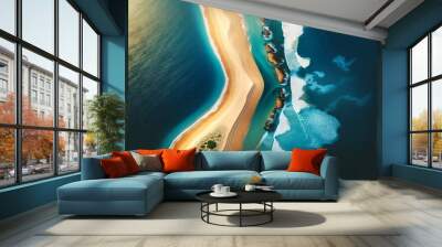 An overhead shot of a sandbar extending into the sea, showing waves gently crashing onto the shore on one side and calm water on the other. Wall mural