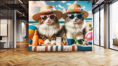 Two cats wearing colorful sun hats and sunglasses, posing as tourists on a beach. Wall mural