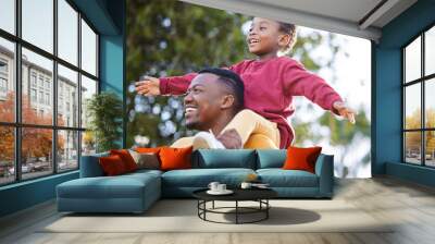 Father, smile and black man piggyback son, fun and joy happy bonding together in outdoor park. Family, child love and playing African people, kid and papa carrying boy with game in backyard garden Wall mural