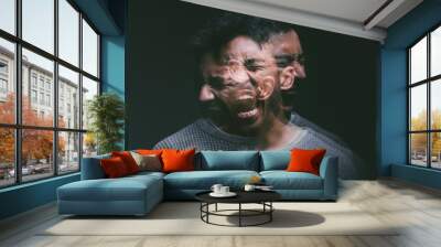 Stress, screaming and man in studio with double exposure for mental health, depression or bipolar on dark background. Illness, fear and person with ptsd for nightmare, personality or schizophrenia Wall mural