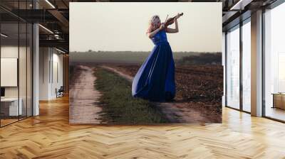 woman in long dress playing violin on background of field path with a club of dust, girl engaged in musical art, performance on nature, concept passion in music Wall mural