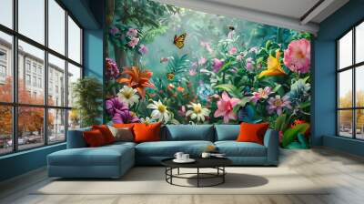 A lush botanical garden bursting with vibrant florals and verdant foliage, where colorful blossoms bloom in abundance. Delicate petals unfurl under the warm sunlight, butterflies flit among the flower Wall mural