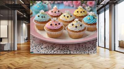 Cute and colorful cupcakes with kawaii animal faces, perfect for a birthday party or special occasion Wall mural