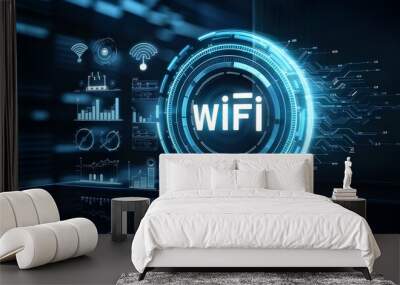 Wi-Fi wireless internet technology concept. Internet, business, Technology and network concept. Free WiFi network signal. 3d illustration Wall mural