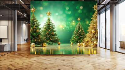 Christmas trees with gold decoration on shiny green background Wall mural