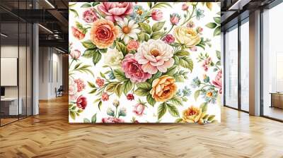 Close-up floral pattern with realistic flowers, light and color on white background Wall mural