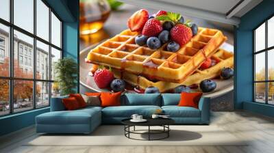 Warm fluffy Belgian waffles with maple syrup and berries Wall mural