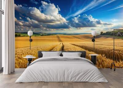 wheat fields in the valley under a blue summer sky Wall mural