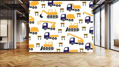 Bright colorful cartoon construction equipment and road signs isolated on white background. Childish cute seamless pattern. Vector graphic hand illustration. Texture. Wall mural