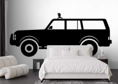 SUV icon. Side view. Black silhouette. Vector graphic illustration. Large family car. Farm transport. Isolated object on a white background. Isolate. Wall mural