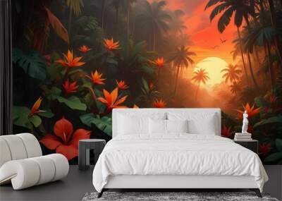 A tropical jungle scene with lush green foliage, colorful flowers including bird of paradise  Wall mural