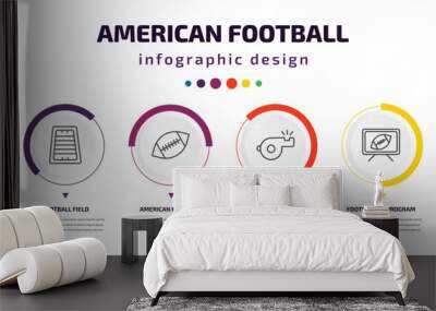 american football infographic element with icons and 6 step or option. american football icons such as padded shirt, football field, american whistle, tv program, trainer vector. can be used for Wall mural