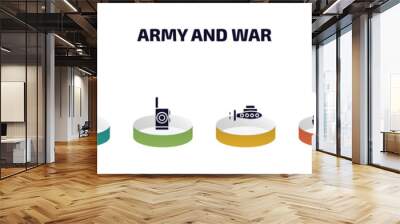 army and war infographic element with filled icons and 6 step or option. army and war icons such as condecoration, militar in, walkie talkie, submarine front view, ship, time bomb with clock vector. Wall mural