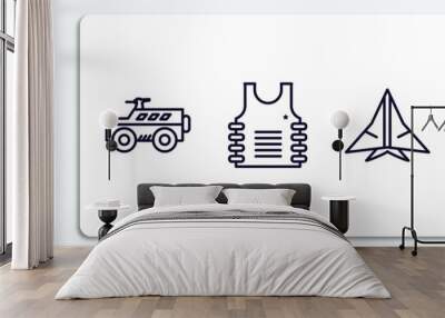 army and war outline icons set. army and war thin line icons pack included armored vehicle, bulletproof, stealth, brigade vector. Wall mural