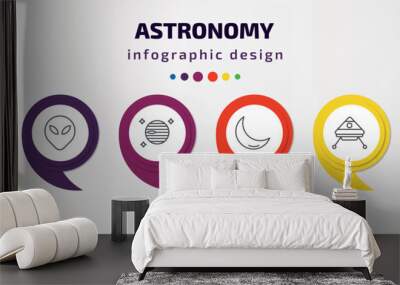 astronomy infographic template with icons and 6 step or option. astronomy icons such as neptune with satellite, extraterrestial head, venus with satellite, crescent moon, space capsule, big ufo Wall mural