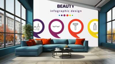 beauty infographic template with icons and 6 step or option. beauty icons such as manicure, eyeliner, two eyelashes, disposable razor, inclined bottle, eye shadow vector. can be used for banner, Wall mural