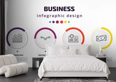 business infographic element with icons and 6 step or option. business icons such as nails, increase rate, two way arrows, laptop analysis, euro bills, stock dealing vector. can be used for banner, Wall mural