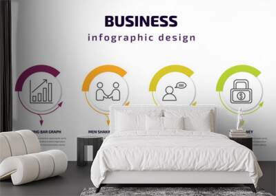 business infographic template with icons and 6 step or option. business icons such as hair salon, growing bar graph, men shaking hands, man talking, safe money, ranking factor vector. can be used Wall mural