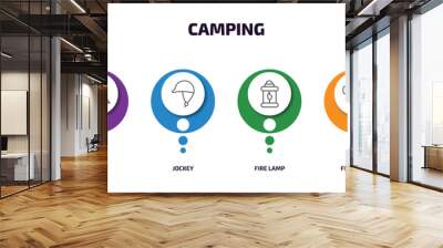 camping infographic element with outline icons and 6 step or option. camping icons such as camp chair, stump, jockey, fire lamp, firewood, boot vector. Wall mural