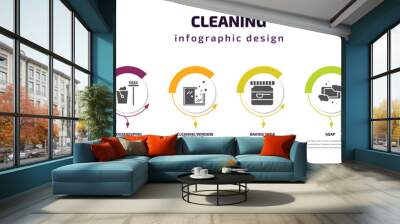 cleaning infographic template with icons and 6 step or option. cleaning icons such as soak, housekeeping, cleaning window, baking soda, soap, washing plate vector. can be used for banner, info Wall mural