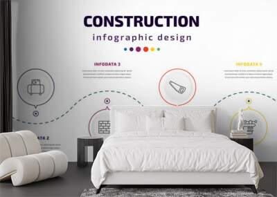 construction infographic element with icons and 6 step or option. construction icons such as demolition, air compressor, brickwall, big saw, vise, inclined hammer vector. can be used for banner, Wall mural