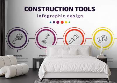 construction tools infographic template with icons and 6 step or option. construction tools icons such as builder brush, polishers, gardening rake, scratcher tool, plumbing, safety helmet vector. Wall mural