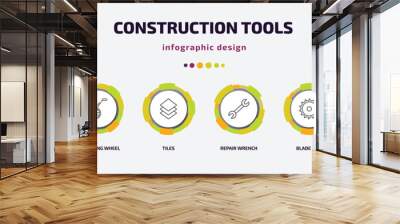 construction tools infographic template with icons and 6 step or option. construction tools icons such as screws, measuring wheel, tiles, repair wrench, blade saw, dustpan and brush vector. can be Wall mural