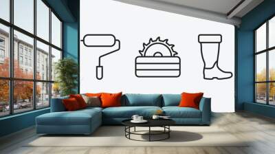 construction tools outline icons set. construction tools icons such as parquet, paint roller, carpenter cutter, rubber boots, open paint bucket vector. can be used web and mobile. Wall mural