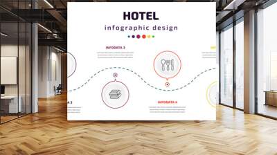 hotel infographic element with icons and 6 step or option. hotel icons such as guest, lobster, towels, eating utensils, champagne, bathtub vector. can be used for banner, info graph, web, Wall mural