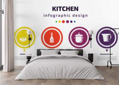 kitchen infographic element with icons and 6 step or option. kitchen icons such as honey dipper, frying pan, ketchup, stew pot, measuring cup, saucepan vector. can be used for banner, info graph, Wall mural