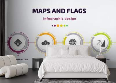 maps and flags infographic element with filled icons and 6 step or option. maps and flags icons such as left intersection, t road intersection, co2, arrow on globe, mining work zone, no skiing Wall mural