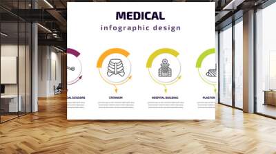 medical infographic template with icons and 6 step or option. medical icons such as stoh, opened medical scissors, sternum, hospital building front, plastered foot, skull and bone vector. can be Wall mural