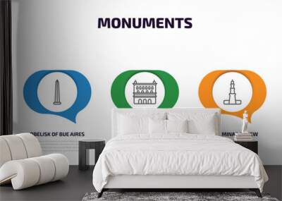 monuments infographic element with outline icons and 5 step or option. monuments icons such as amritsar, obelisk of bue aires, lonja of zaragoza, qutb minar in new delhi, shrine of remembrance Wall mural