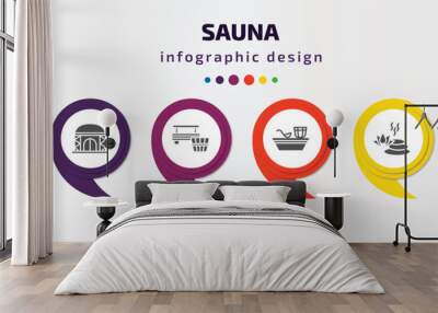 sauna infographic element with filled icons and 6 step or option. sauna icons such as irish steam bath, yurt, banja, turkish bath, well-being, hyperthermia vector. can be used for banner, info Wall mural