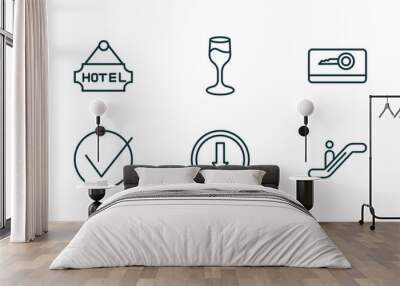 set of 10 linear icons from hotel and restaurant concept. outline icons such as luggage, hotel, wine glass, go down, or, pillow vector Wall mural