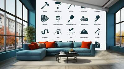 set of 25 filled construction tools icons. flat filled icons such as screw, paint roller, plumb bob, gardening palette, plumbing, safety helmet, drain, gallon oil, wheel barrow, garage wrench icons. Wall mural