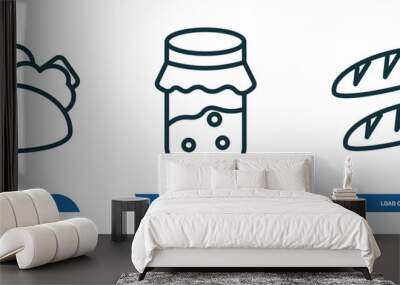 set of 3 linear icons from bistro and restaurant concept. outline icons such as mexican food, jar full of food, load of bread vector Wall mural