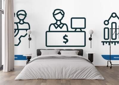 set of 3 linear icons from business concept. outline icons such as work parteners, bank teller, measure success vector Wall mural