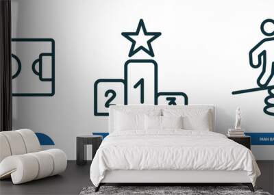 set of 3 linear icons from sports concept. outline icons such as soccer field, podium, man balancing vector Wall mural