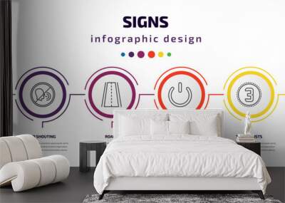 signs infographic template with icons and 6 step or option. signs icons such as is congruent to, no shouting, roads, power button, there exists, less plus vector. can be used for banner, info graph, Wall mural