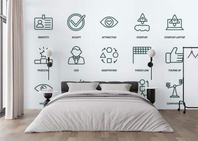 special lineal success icons set. outline icons such as budget, accept, startup laptop, valid, ceo, thumb up, increase, clap, comparison, procedure line icons. Wall mural